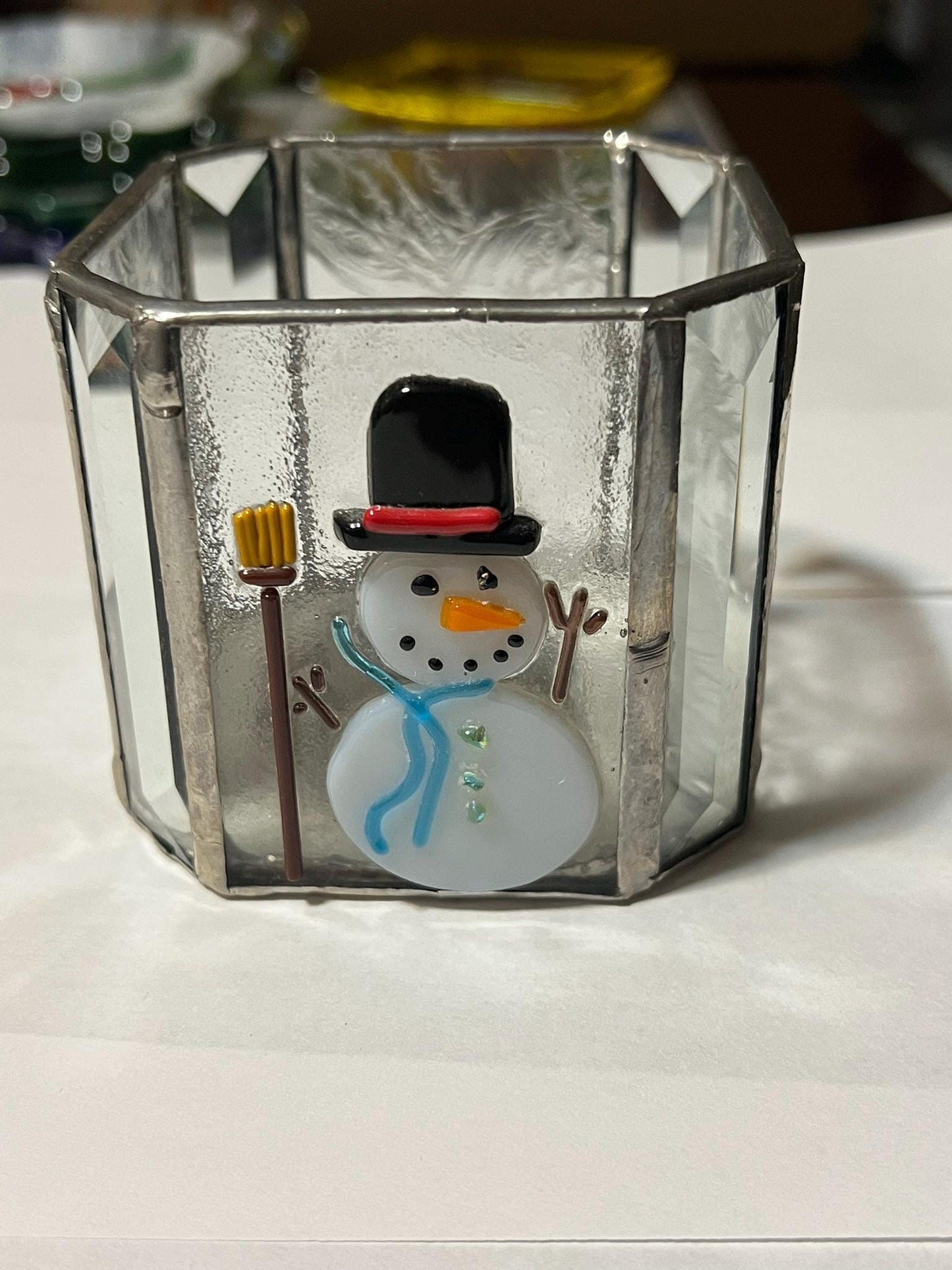 Snowman Stained Glass Votive Holder
