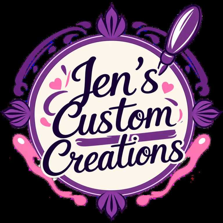Jens Custom Creations logo with purple decorative frame, paintbrush, and pink hearts on cream background