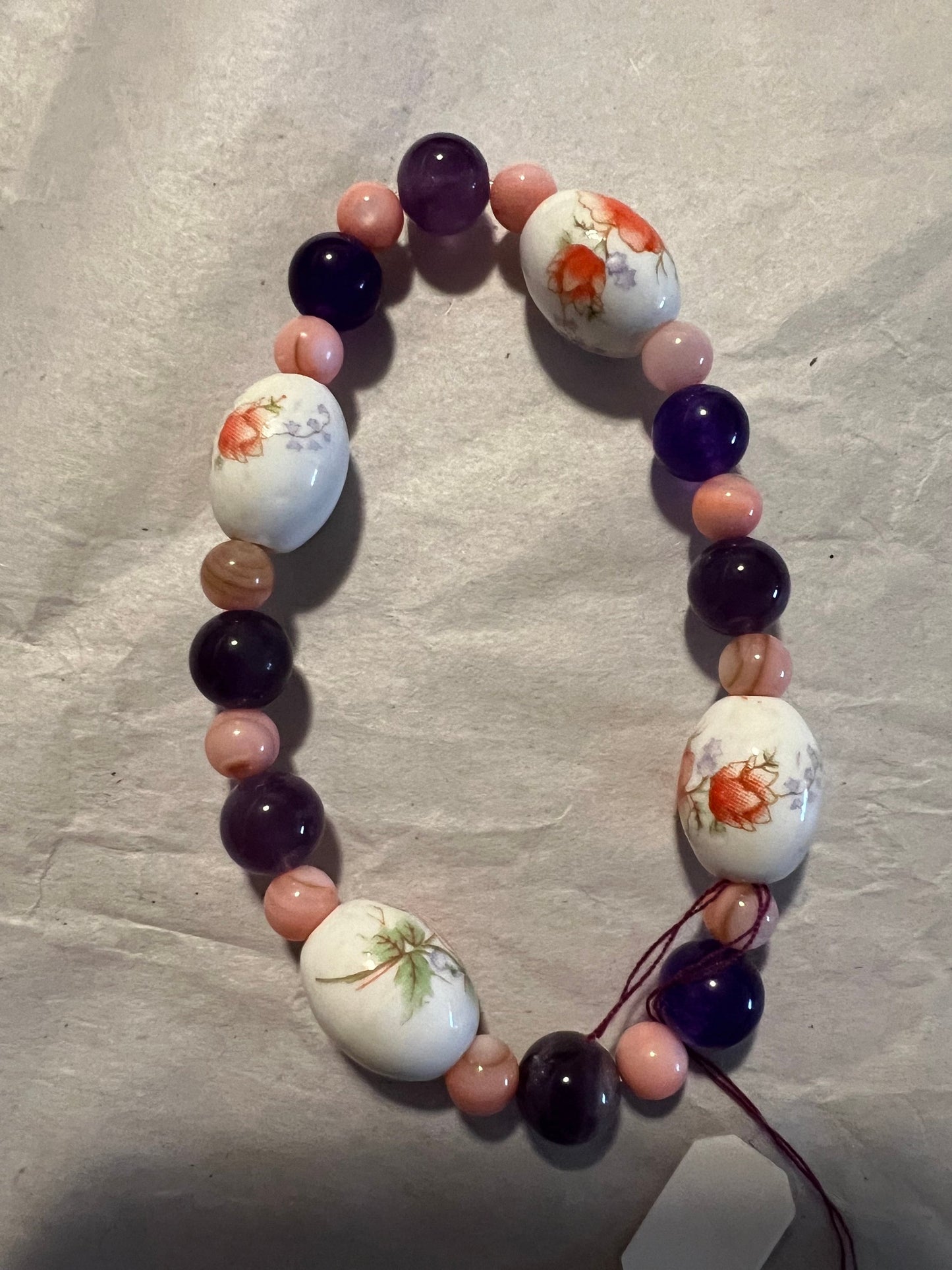 Pink Floral and Pink and Purple Beaded Stretch Bracelet