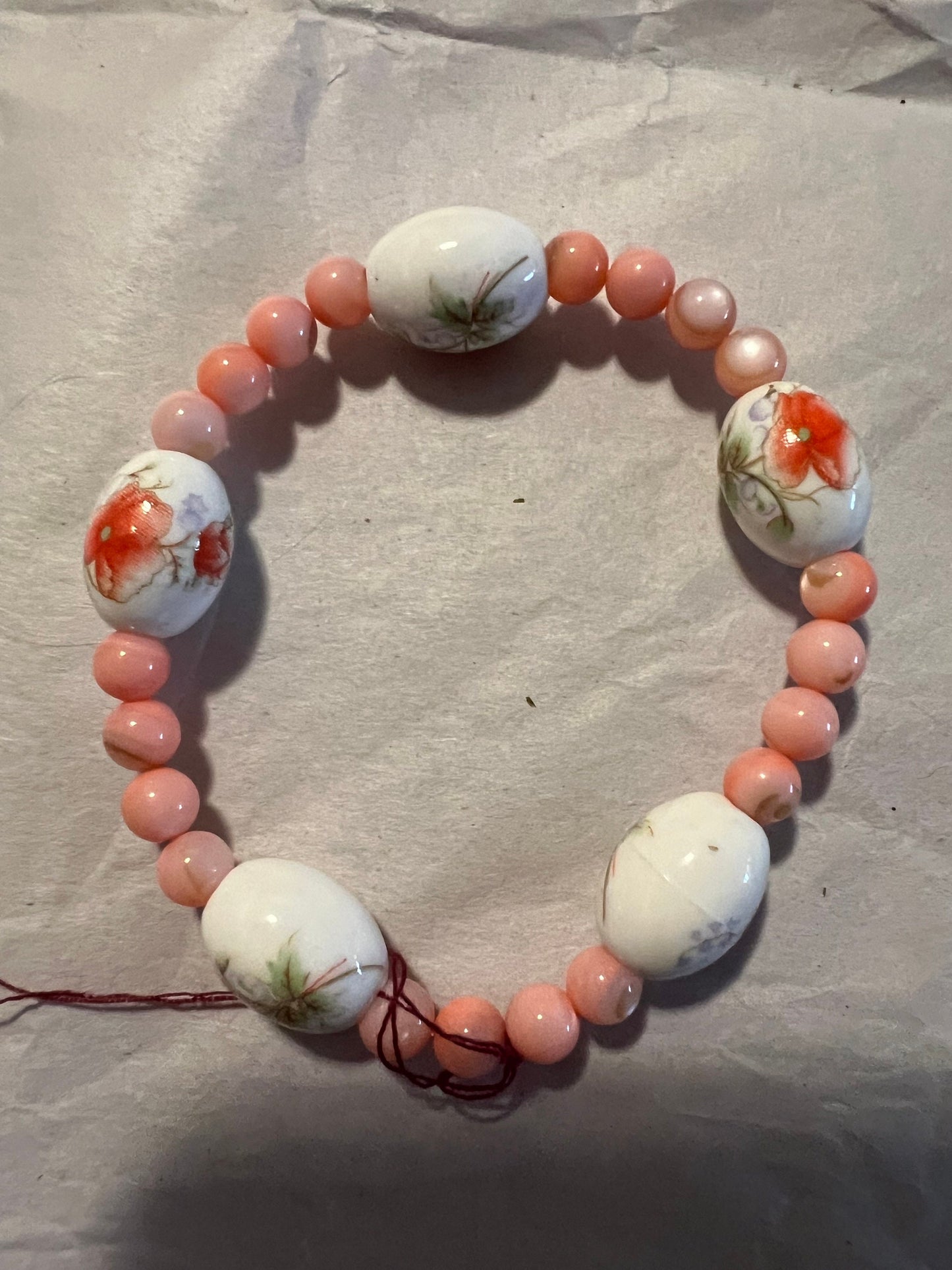 Peach Floral and Pearlescent Beaded Stretch Bracelet